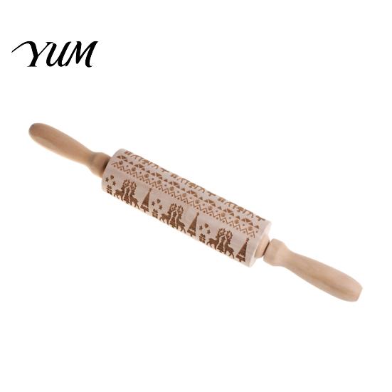 Wooden Dough Roller for Cookies Christmas Pattern Engraved Rolling Pin, Non-slip Handle Party Baking Supplies Roller, Decorative Kitchen Tool Embossed