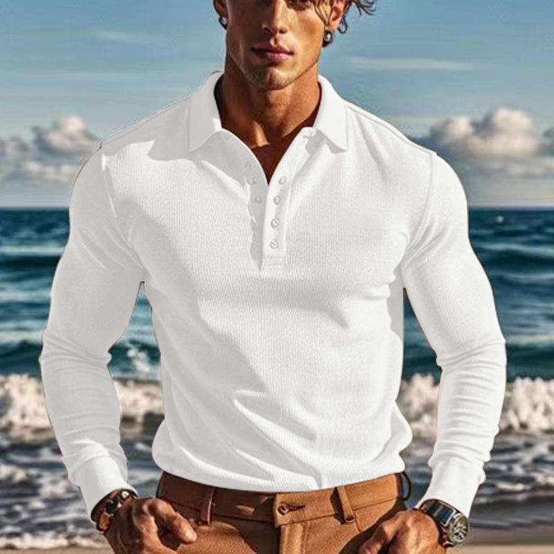 New Men's T-Shirt: Waffle Weave Casual Collared Button-Down Slim-Fit Long-Sleeved Polo Shirt