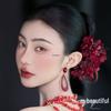 Retro Wine Red Fabric Flower Bridal Hairpin - Classical Chinese Style Headpiece