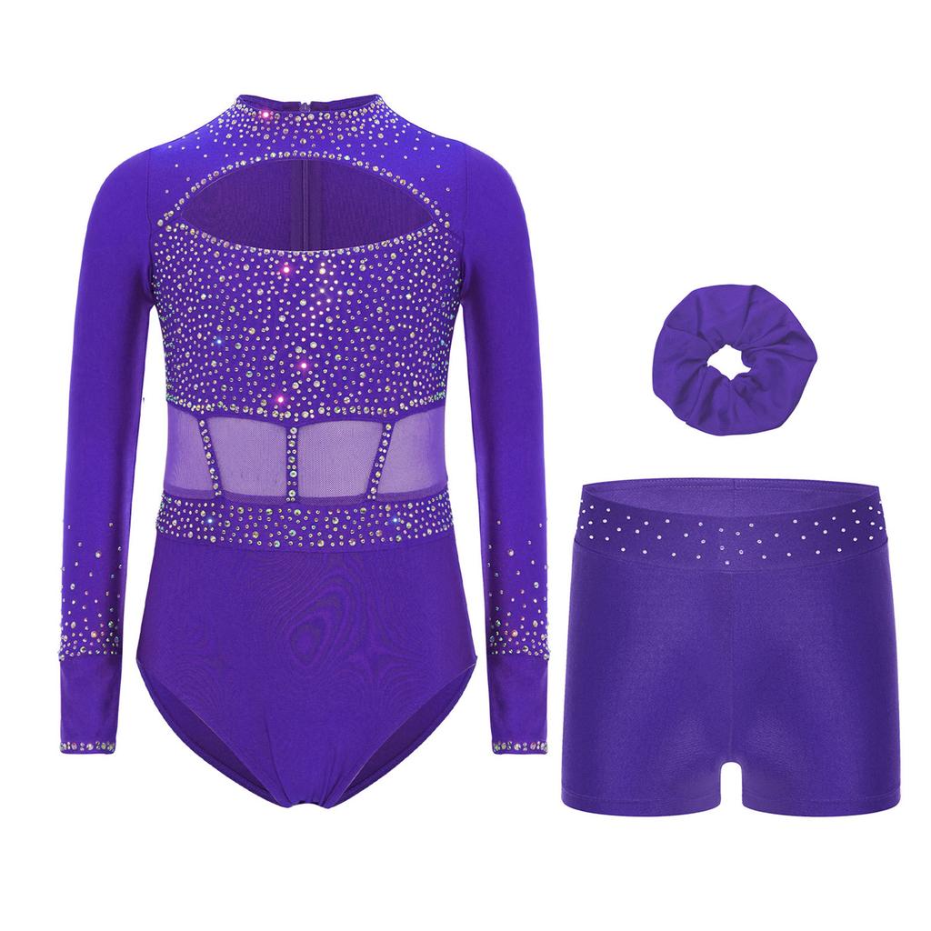 Girls Gymnastics Dance Set Long Sleeve Shiny Cutout Front Back Zipper Leotard Rhinestones Shorts Headwear