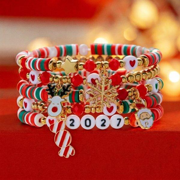 4Pcs/Set Colorful Beads Christmas Bracelet For Women Xmas Tree Santa Claus Elk Snowflake Beaded Bangle Party Jewelry