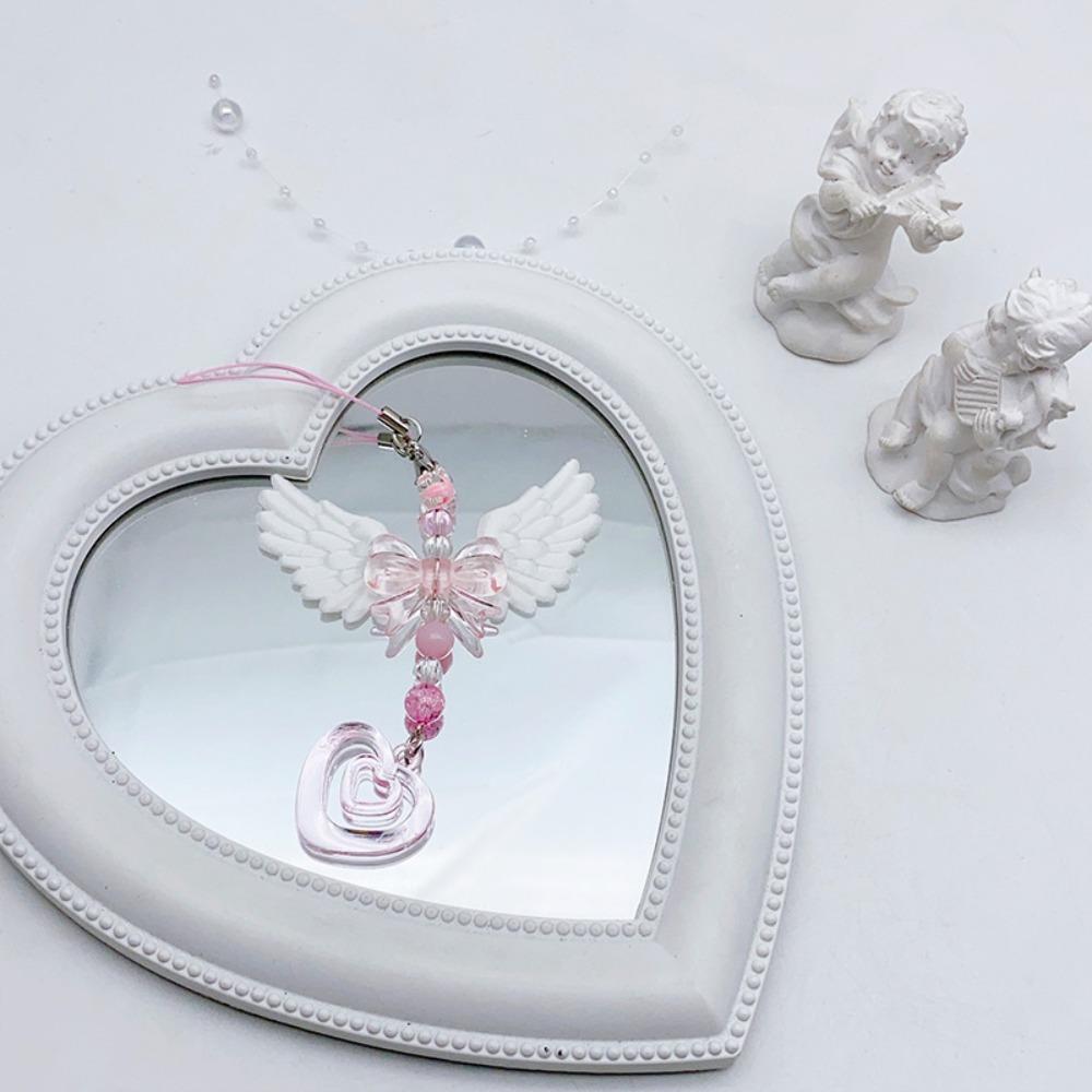 Cute Trendy Pink Bow Tie White Angel Wings Double Hearts String Beads Keychain Camera Pendant for Women Backpack Jewelry Gift