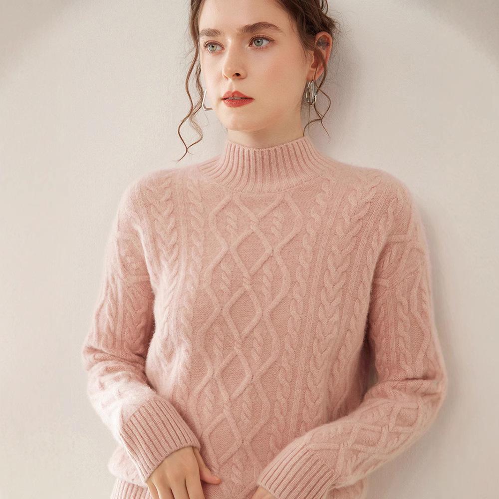 Versatile Women's Cashmere Cable Knit Sweater - Loose Slimming, Half-High Neck, Warm Base Layer