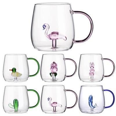 Cana de sticlă 3D cu animal de desene animate și mâner colorat