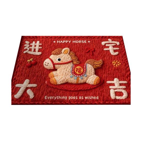 2026 Cartoon Horse Rug Year of The Horse Red Floor Mat Non-Slip Absorbent Entrance Rug Cute Horse Doormat for Bathroom Bedroom New Year Decoration