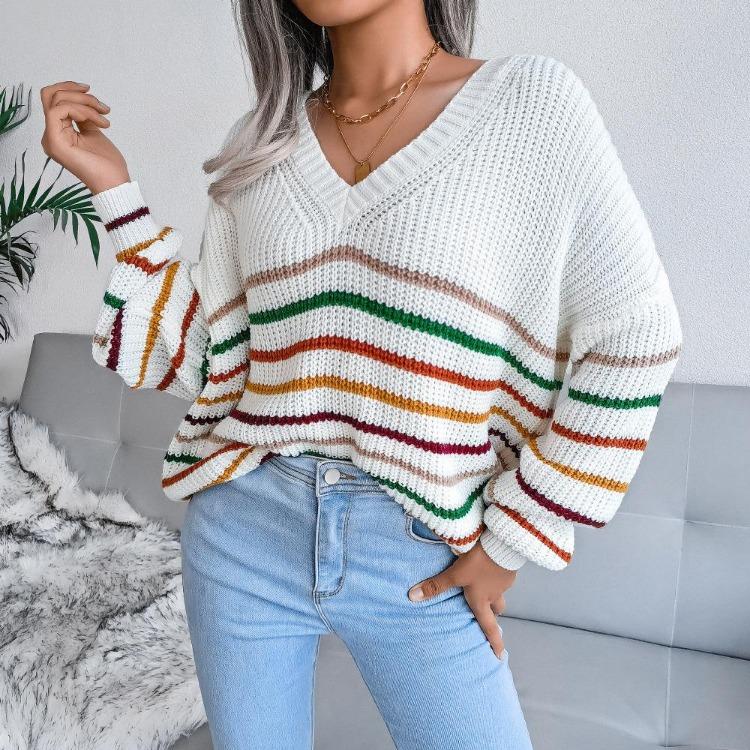 Loose Rainbow Striped Women Sweater V Neck Long Sleeve Fall Winter S-L