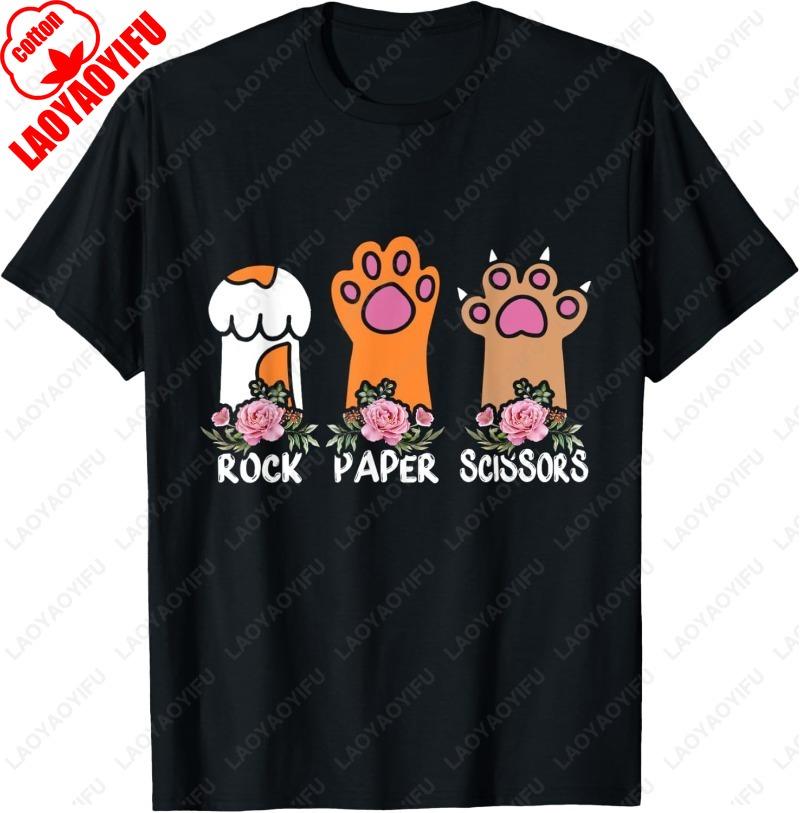 Rock Paper Scissors Hand Game Meme Animal Paw Flower Cat Men Women Cotton TShirt Trend Cute Meowy Oneck Printed Unisex Tops