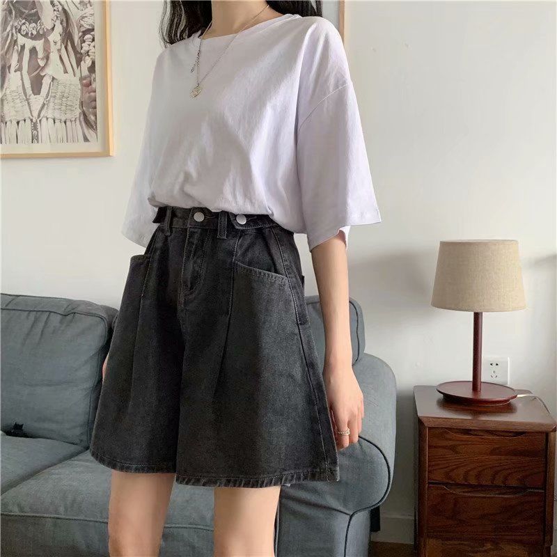 WTEMPO Big Pocket High Waist  Loose Wide Leg A-line Denim Shorts Women Casual Street Wear Party