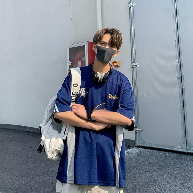 Men's V-Neck Motorcycle Style Embroidered Loose Hip-Hop Half-Sleeved Jersey