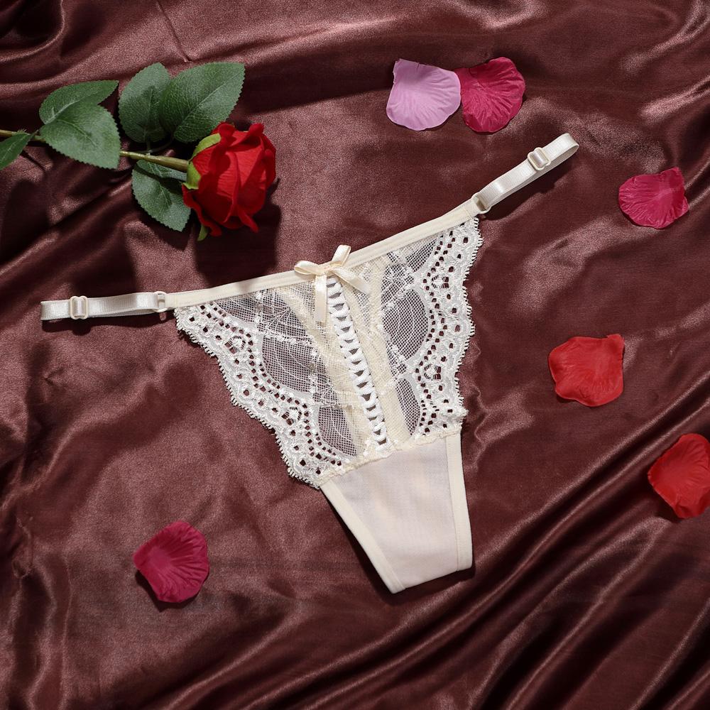 Women Thongs Lace Trim Elegant Sexy Adjustable Belt Panties Low Waist Butterfly Knot Ladies Transparent Mesh Lingeries