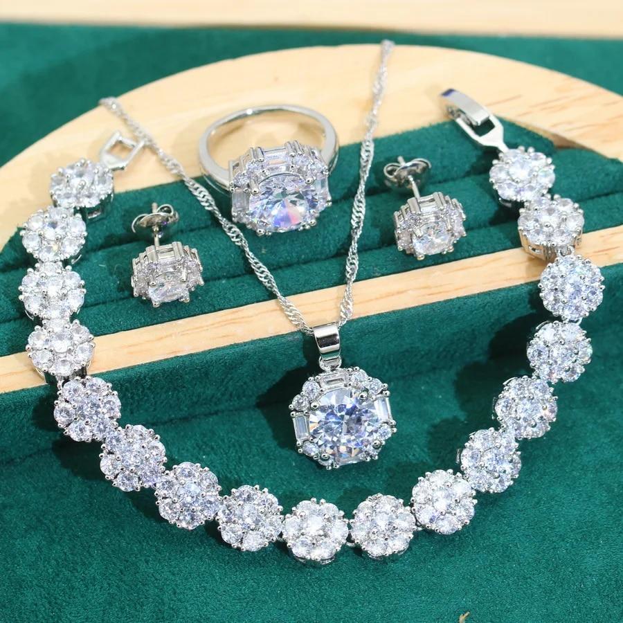 

Геометрия Белый Циркон Невесты Серебро 925 Свадебные Ювелирные Наборы Женский Аксессуар Ожерелье Серьги Кулон Кольцо Браслет Подарок На Свидание