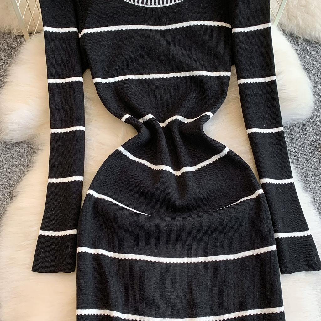 Spring Autumn Women Casual O-neck Beading Striped Knitted Sweater Long Midi Dresses