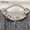 Japanisches Mori-Mädchen Frühling Herbst Damen Midikleid Rüschenkragen Blumendruck Patchwork Retro Kleid Vintage Baumwolle Leinen Stickerei Aushöhlen Kleid