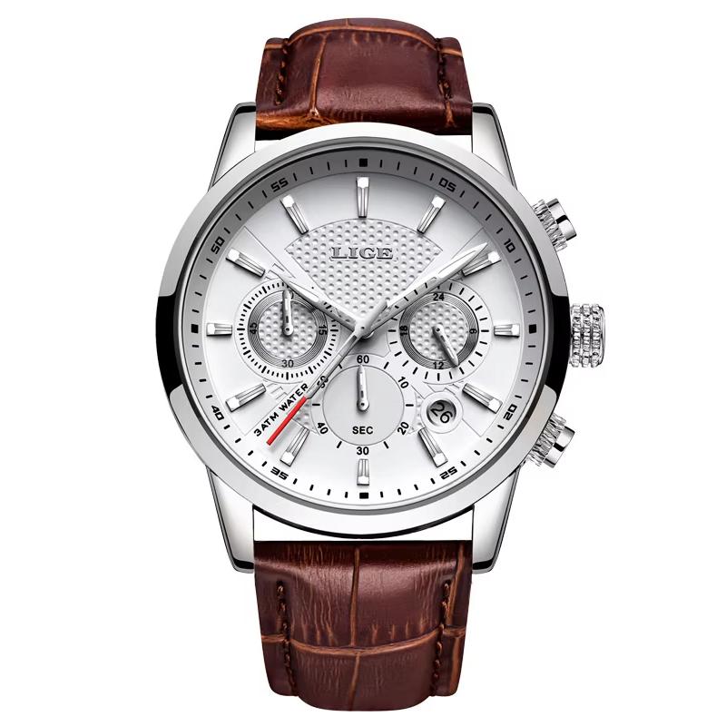 

LIGE Men s Luxury Watch Waterproof Military Sport Man Watch Chronograph Genuine Leather Men Quartz Wristwatch Relogio Masculino серебро белый