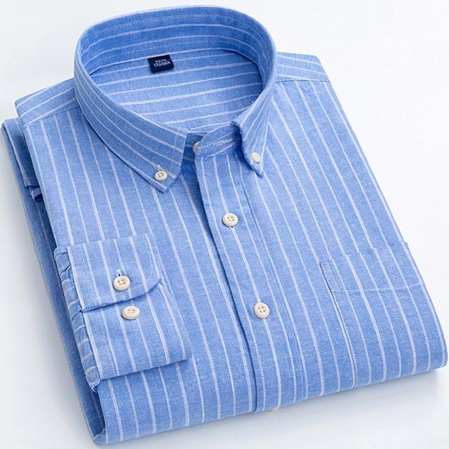 Men's Classic Fit Casual Plaid Linen Cotton Shirt Single Pocket Button-down Comfortable Soft Long Sleeve Stripe Checked Shirts