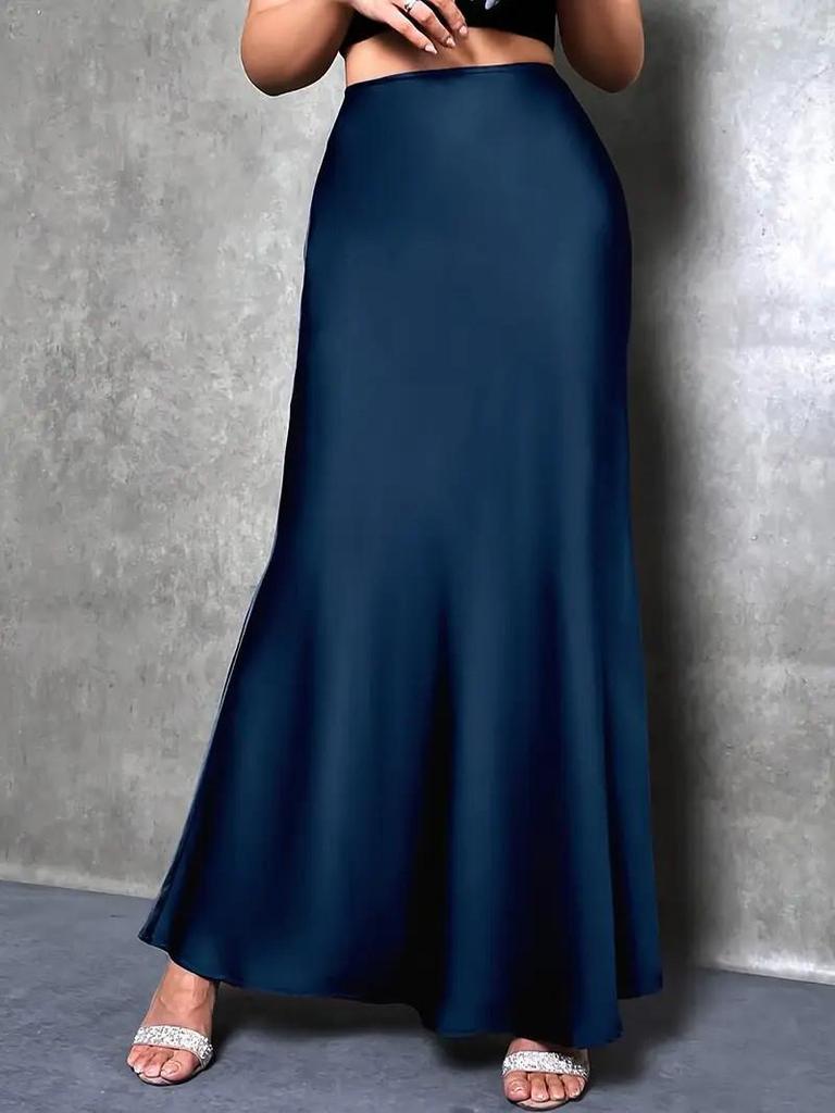 Elegant Women's High-Waisted Solid Color Satin Fishtail Skirt - Extra Long Length, 2025 Collection.