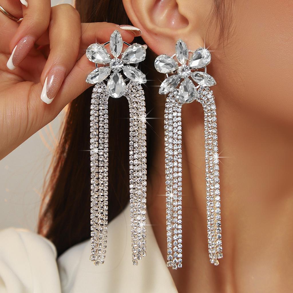 Heavy industry micro-inlaid zircon long fringed earrings women's fashion shiny rhinestone earrings bridal earrings