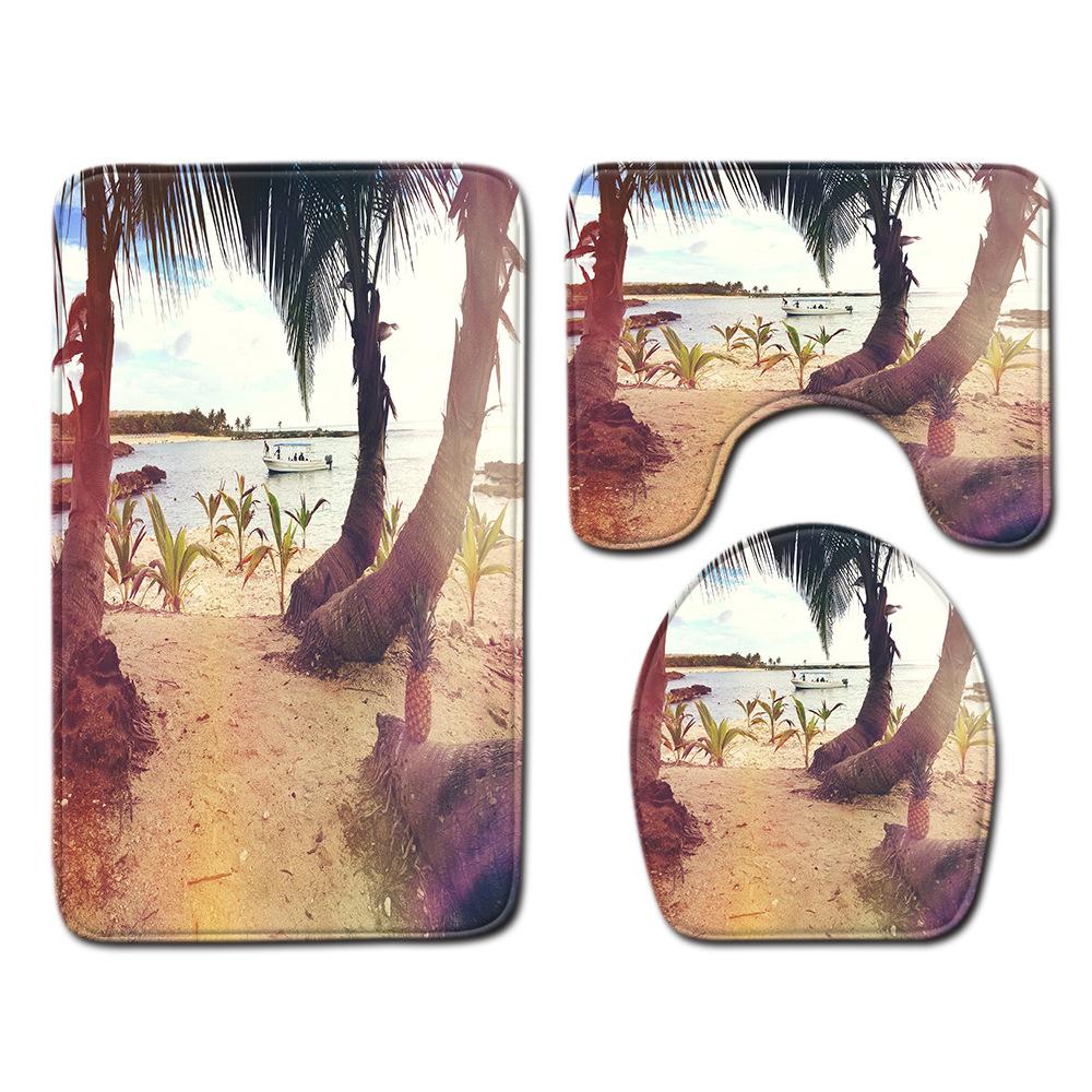 Beach View Bathroom Floor Mat Three-Piece Toilet Carpet Toilet Mat Set Door Mat Bathroom Non-Slip Mat