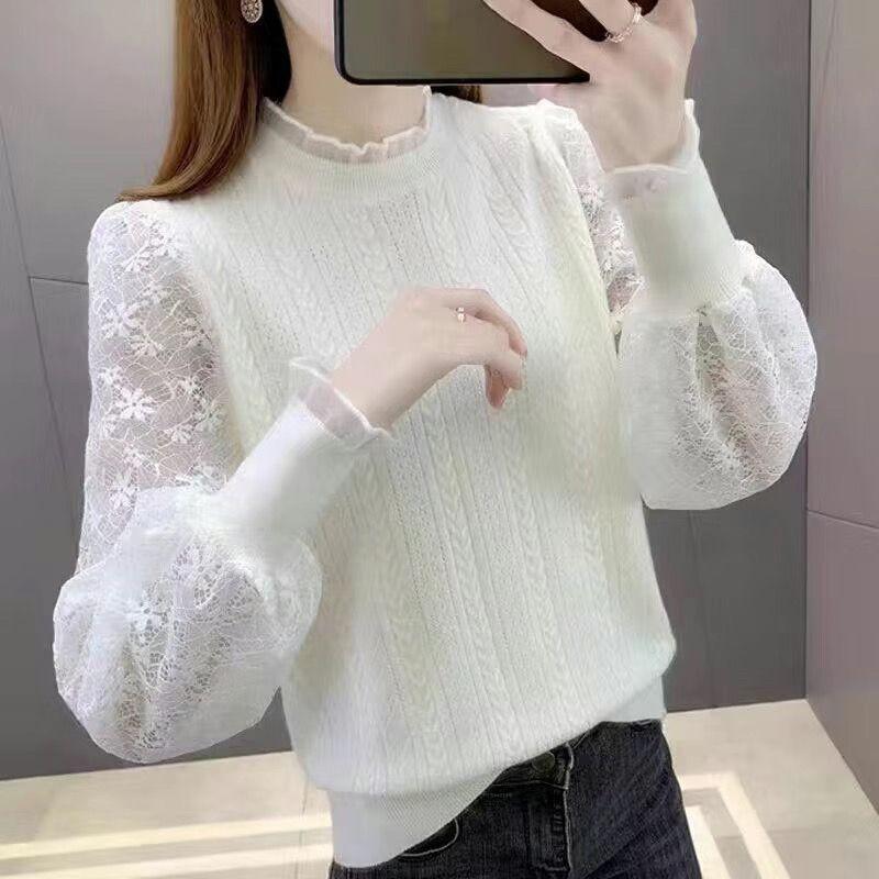 Spring Women's Lace Lantern Sleeve Hook Flower Hollow Knit Sweater Thin Cut with Black Fungus Collar Short Base Top
