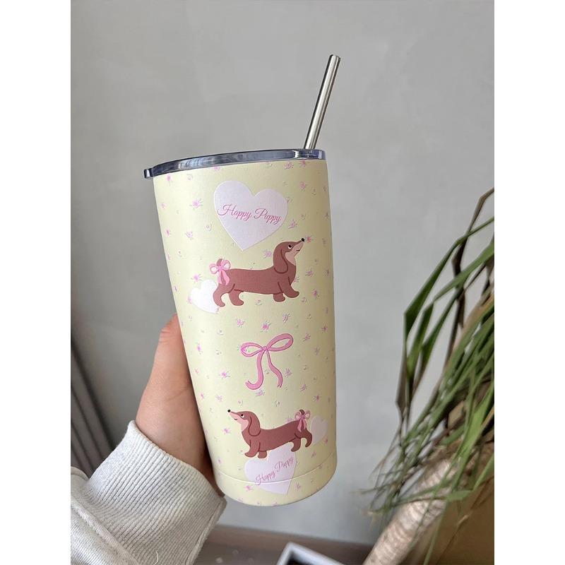 Cute Korean Thermos Cup Tumbler For Coffee Tea Beer Juice 550ml Kawaii Sainless Steel With Straw Thermal Cup Water Bottle Gift
