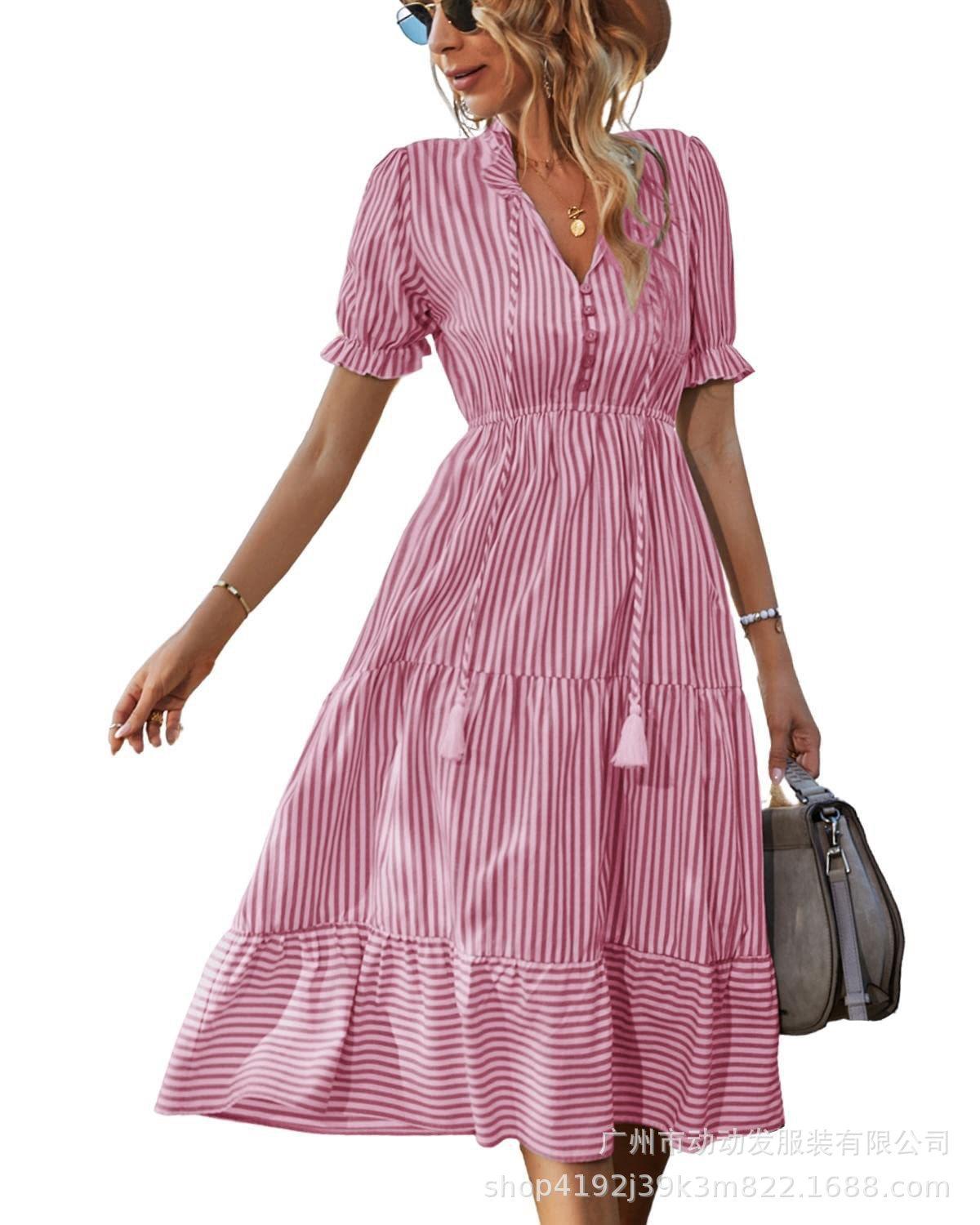 

Women s V-Neck Striped Short Sleeve Dress with Layered Skirt, Green and White S розовый