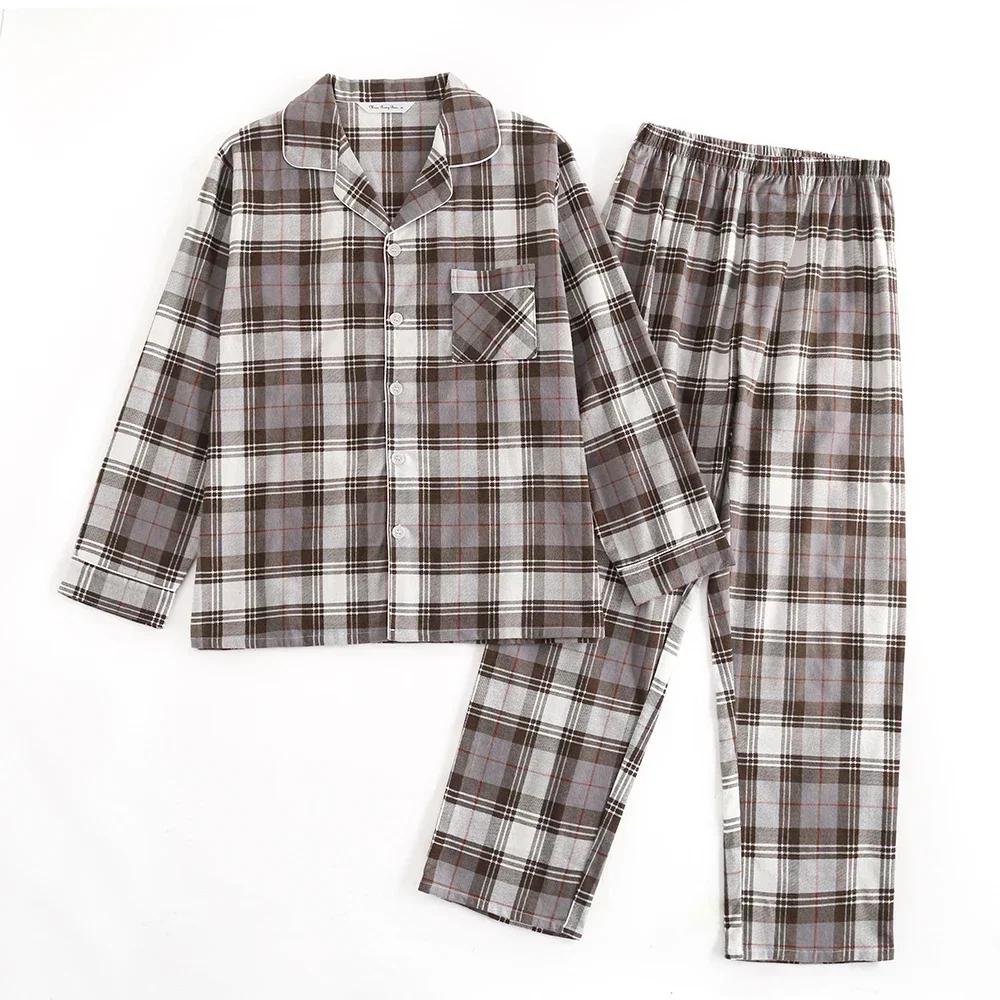 Rutet design Flerfarget Varm bomullsflanell Langermet Bukser Pyjamas for menn Høst og Vinter Hjemmeklær Nattøy Sett