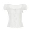 Crew Neck Bubble Sleeve Short-length Sleeve T-Shirt For Women French Solid Color Strap Waist Skinny Top Summer