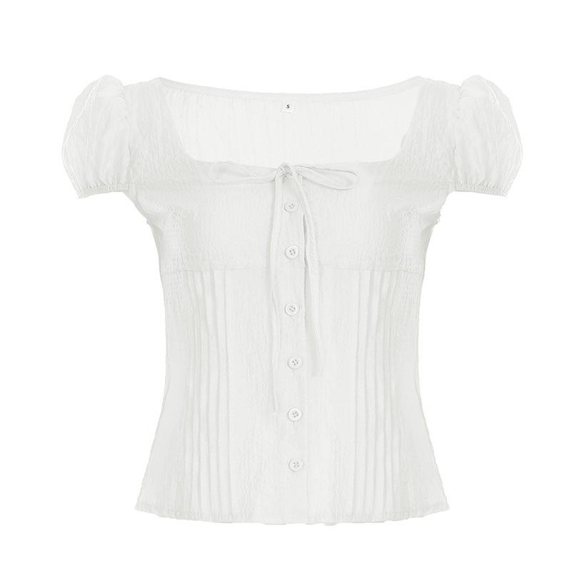 Crew Neck Bubble Sleeve Short-length Sleeve T-Shirt For Women French Solid Color Strap Waist Skinny Top Summer
