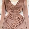 Women Casual Sleeve Long Neck V Solid Color Dress Waist High A Line Sheath Spring Elastic Mini