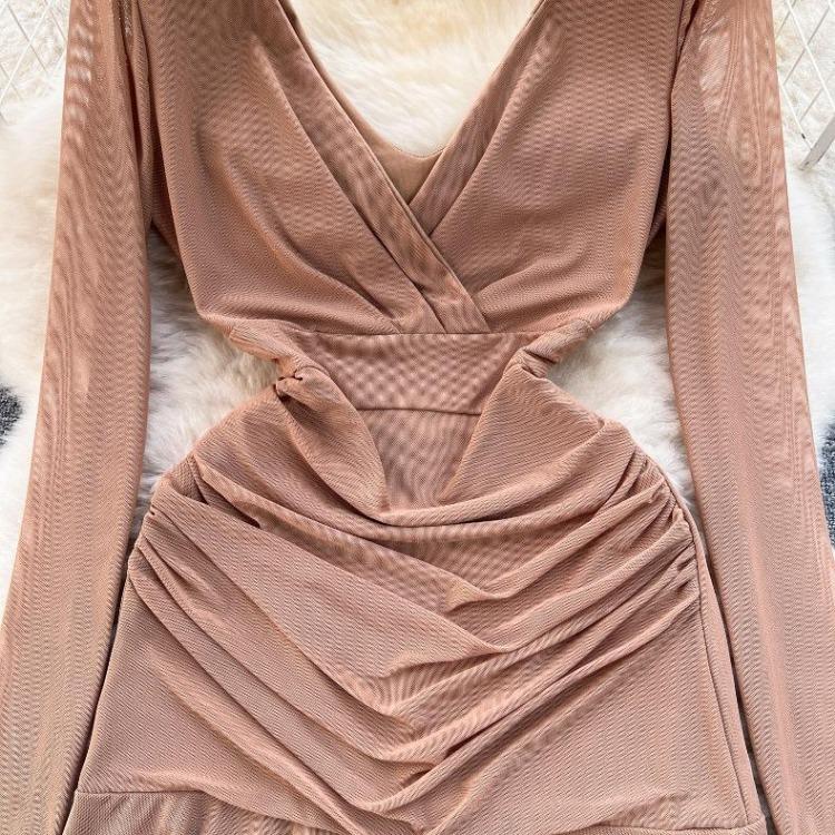 Women Casual Sleeve Long Neck V Solid Color Dress Waist High A Line Sheath Spring Elastic Mini