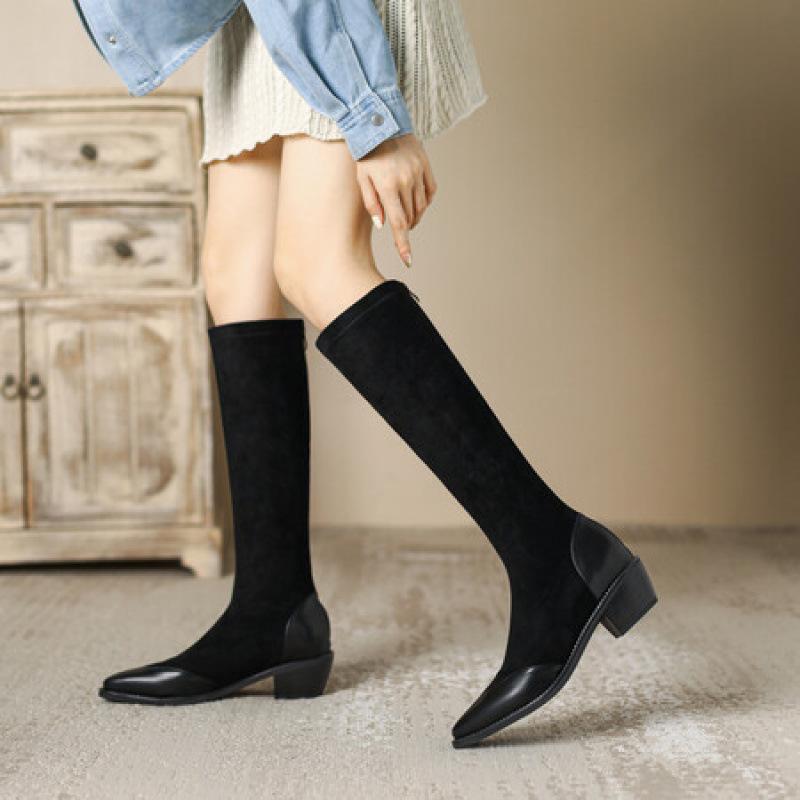 Autumn and winter middle heel Martin boots women's rubber sole large size women's boots solid color pointed square heel suede leather boots high bo