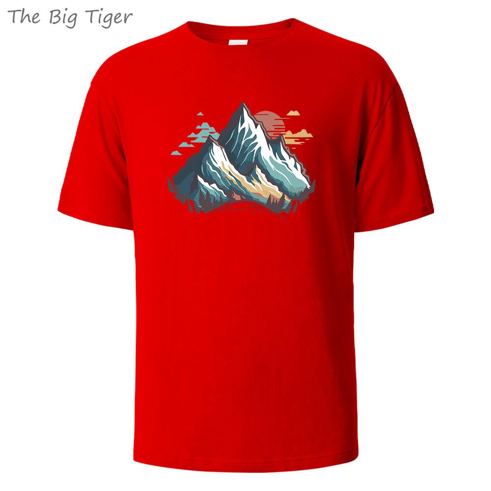 Mountain Printing Basic Cotton Men TShirt Relaxed Fit Round Neck Minimalist Style Unisex Casual Comfortable Top