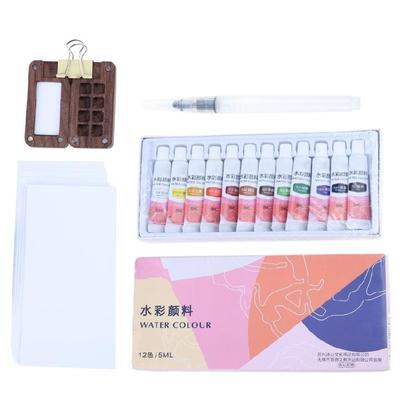 Travel Portable Wood Watercolor Palettes Box with Clip, Watercolor Paper, Water Brush Pen, Gift for Painter Artist
