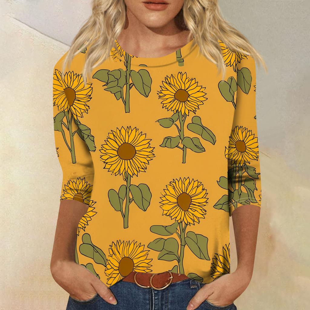 Women’s Casual Round Neck Long Sleeve T Shirt Sunflower Print Loose Fit Lightweight Pullover Top for Daily Wear
