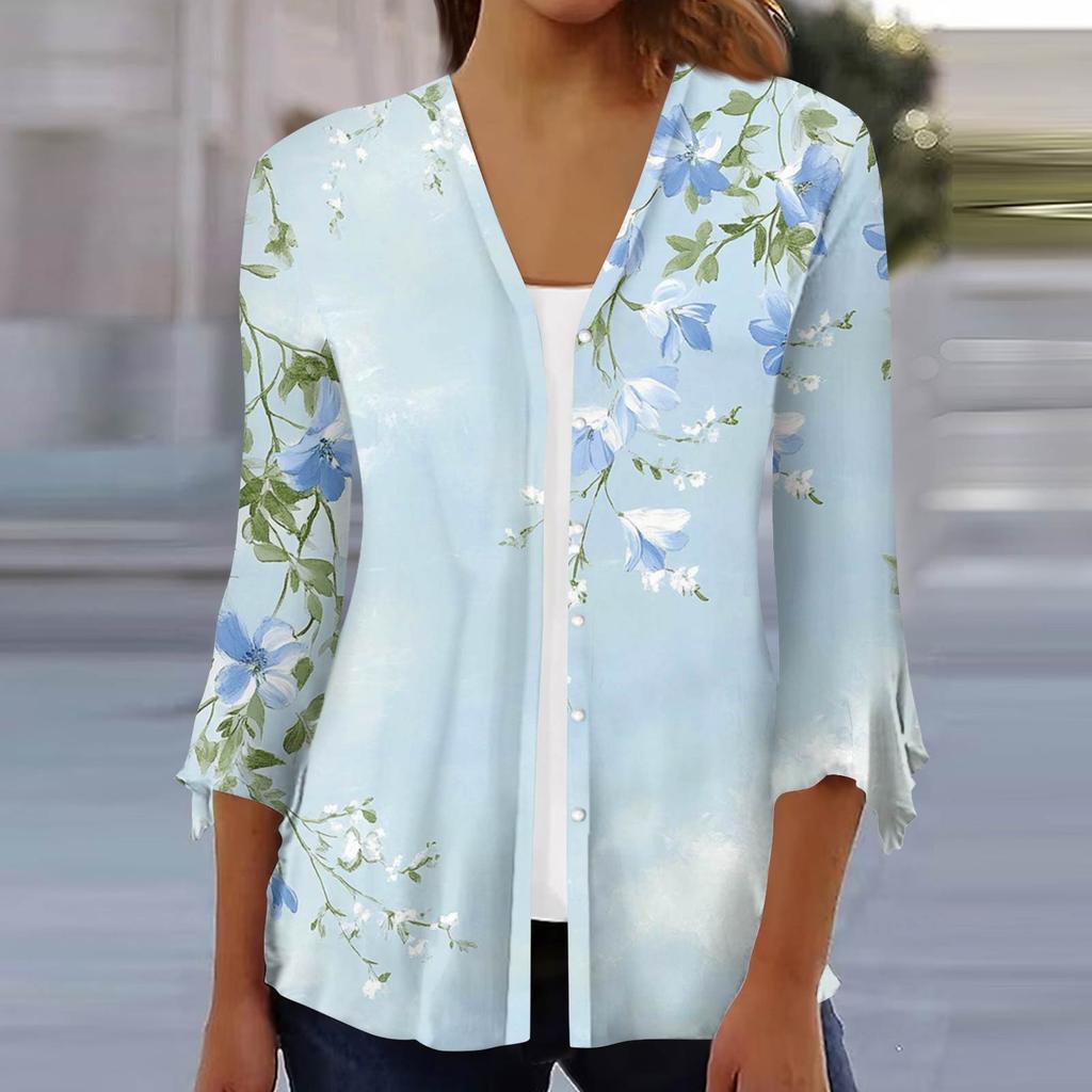 Women's Fashion Loose Casual Printed Seven-Part Sleeve Button Down Blouse Cardigan Top