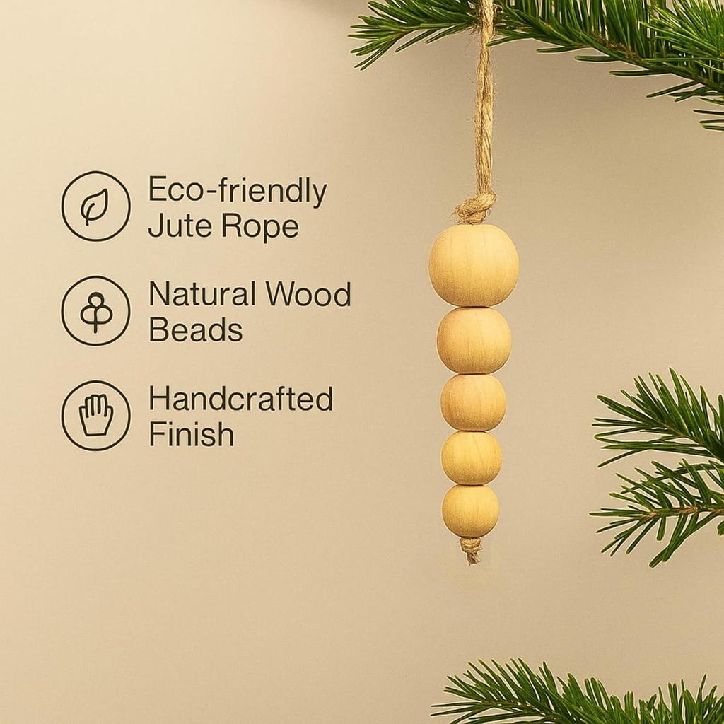 Pack of 5 Wood Bead Christmas Ornament for Decoration Natural Modern Minimalist Xmas Hanging Home Decor Bohemian Holiday Decorations
