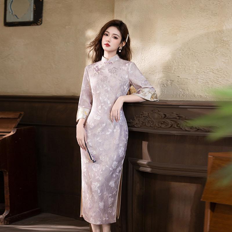 Purple National Style New Chinese Suzhou Long-sleeved Autumn Cheongsam Improved Young 1011 New Women's High-end Feeling Spring and Autumn