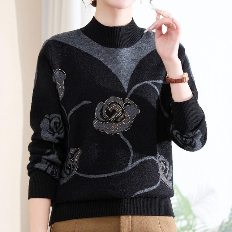 Women's Colorblock Stand Collar Sweater Long Sleeve Rhinestone Print Sweater Autumn/Winter