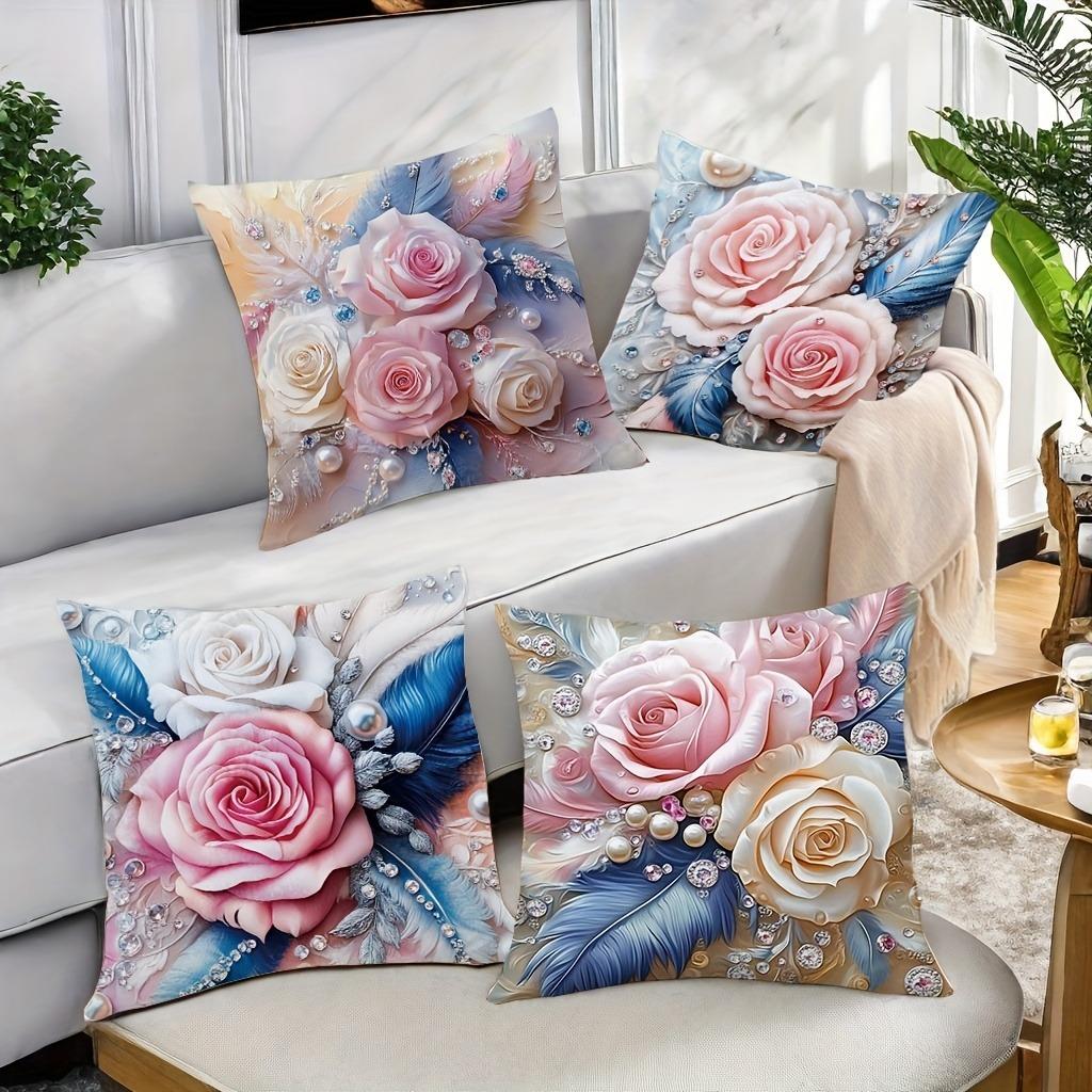 Blue And Gold Floral Pearl - Embellished Pillowcasebedroom Living Room Sofa Home Decor Polyester Cushion Cover With Zipper