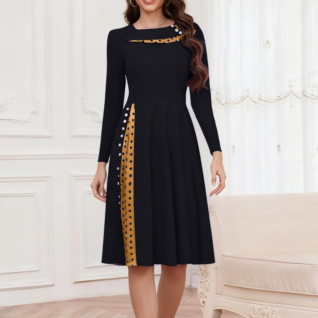 Ladies' Fashionable Retro Long Sleeved Round Neck Polka Dot Printed Dot Dress