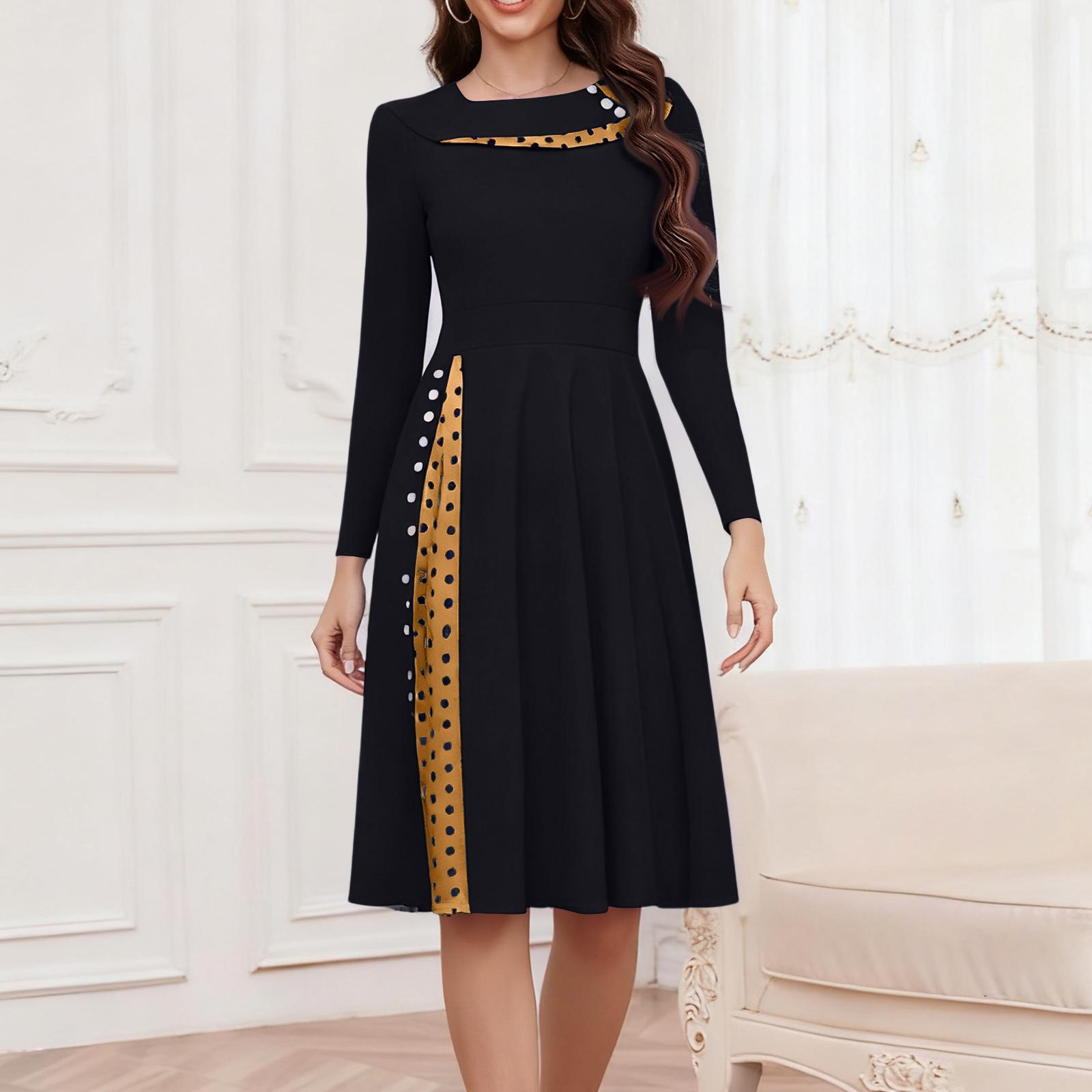 

Женское модное ретро платье с длинным рукавом, круглым вырезом и принтом в горошек XXL чёрный