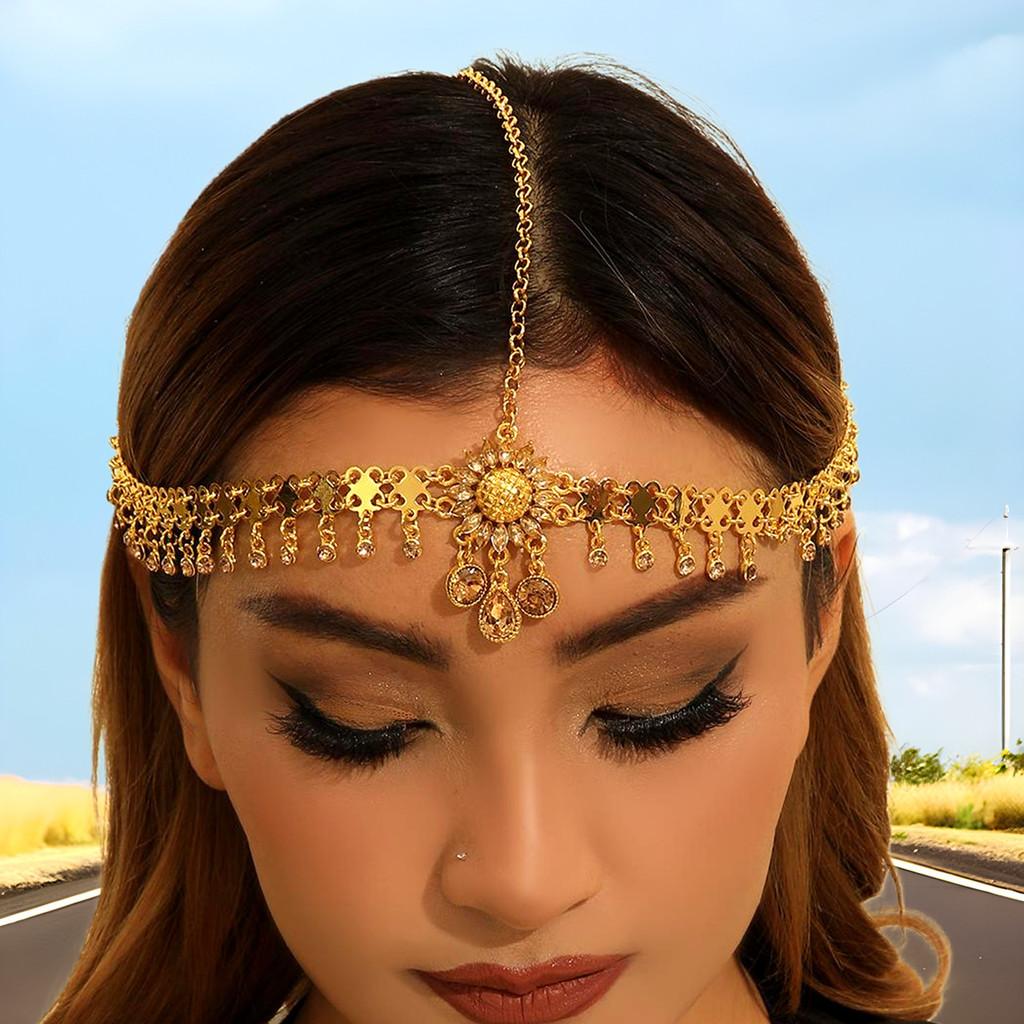Ethnic Egyptian Headpiece With Gold Alloy Water Drop Crystals For Women