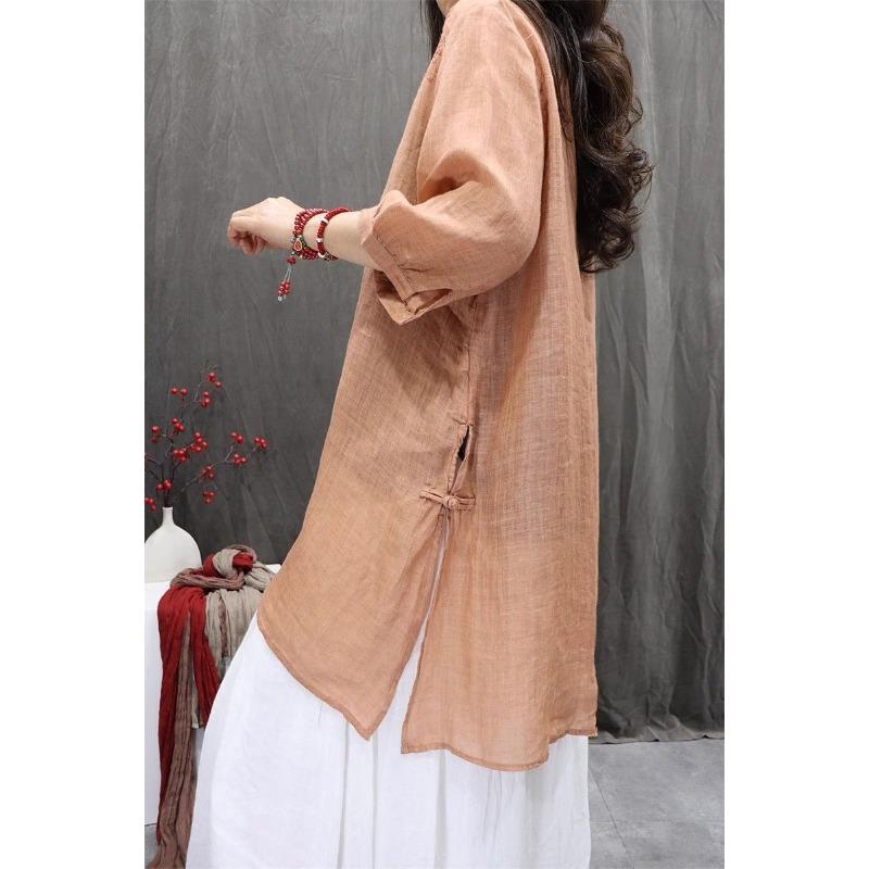 Women Summer Spring Round Neck Half Sleeve Cotton Linen Blend Embroidered Retro Casual Tunic Top