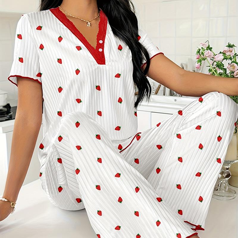 

Spring Summer Pajamas Set for Women strawberry Print Short Sleeve Tops and Long Pants Sleepwear Casual loose soft Pyjamas Homewear XXL