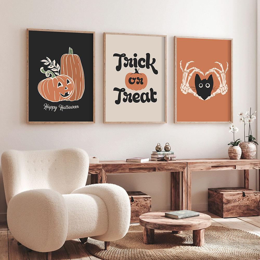 Halloween Trick or Treat Poster Spooky Cat Boo Art Print Pumpkin Canvas Painting Vintage Fall Wall Picture Living Room Decor