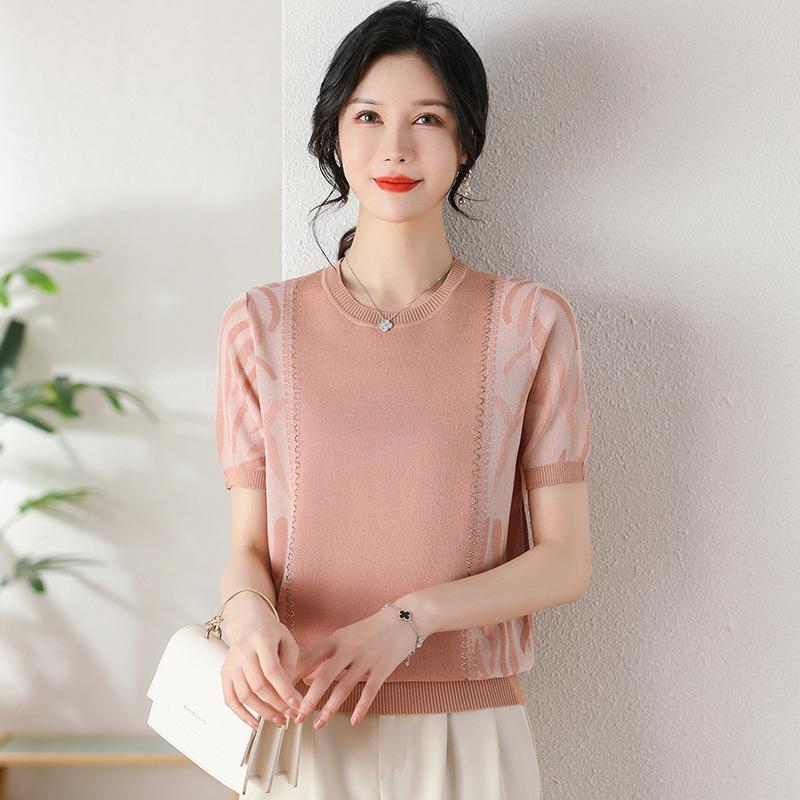 Elegant Ice Silk Knit Short Sleeve Top - Women s Summer Style Medium розовый