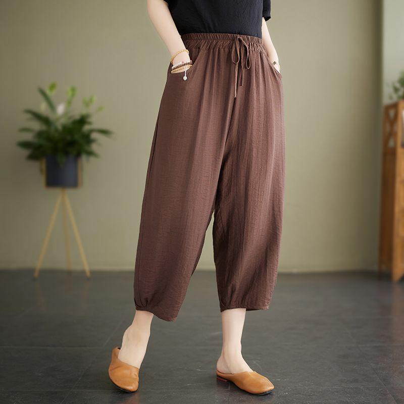 Women's Summer Ice Silk Cotton-Linen Casual Wide-Leg Lantern Seven-Point Pants Plus Size Loose Elegant Versatile