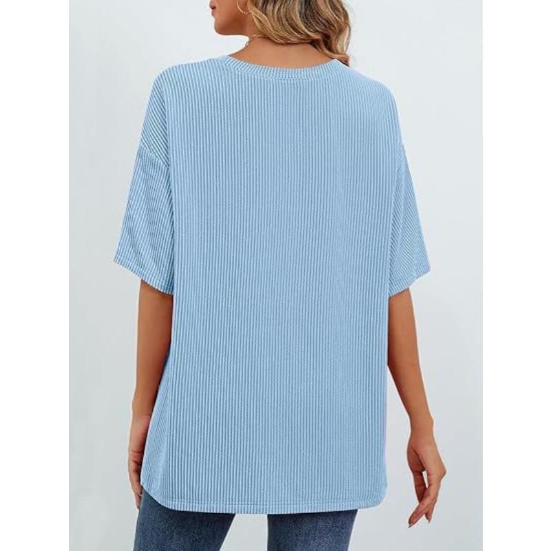 Women's Summer Short Sleeve Patch Pocket Top Oversized Round Neck Textured Casual Basic T-Shirt