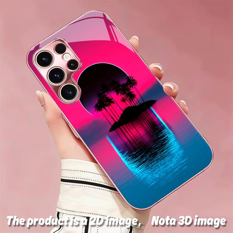 2DFlat Samsung electroplated tempered glass phone case,Neon Sunset IslandSuitable for Galaxy S26 S23 S24FE S25ULTRA S22 S21