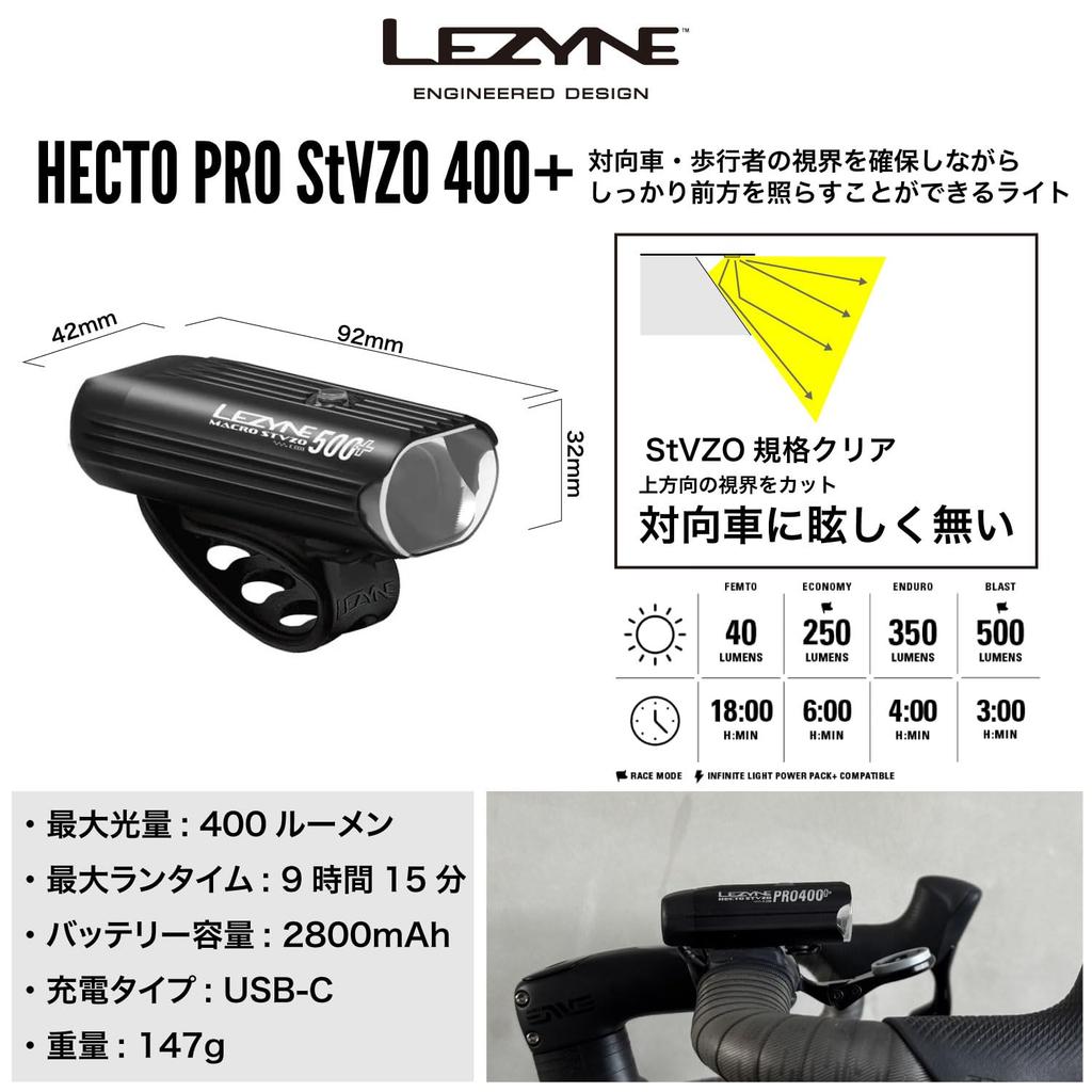 LEZYNE Bicycle Front Blocks Upward Light to Avoid Dazzling Oncoming 400 HECTO PRO StVZO Black Japanese Light, Vehicles, Lumens, 400+, [Official